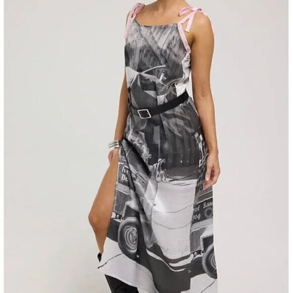 NWT Basic Pleasure Mode Bowtie City Print Satin Dress - Picture 3 of 14